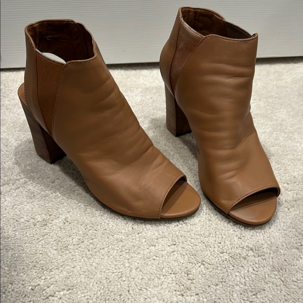 Tan Leather Peep-Toe Ankle Boots